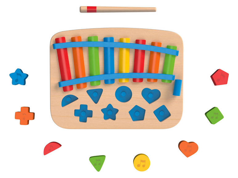 Un xylophone en bois jouet avec des touches et des formes colorées à encastrer.