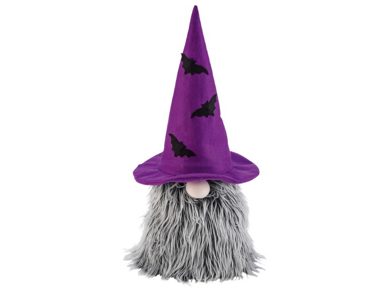 Gnome d'Halloween avec chapeau de sorcière violet et chauves-souris, barbe grise et nez.