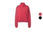 Sweat-shirt zippé rouge avec col montant, avec deux échantillons de couleur à côté.