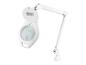 Lampe loupe LED blanche avec bras réglable, affichant les données techniques visibles.