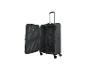 Valise grise ouverte avec poignée télescopique et quatre roues.