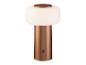 Lampe de table portable couleur cuivre avec diffuseur blanc et bouton d'alimentation.