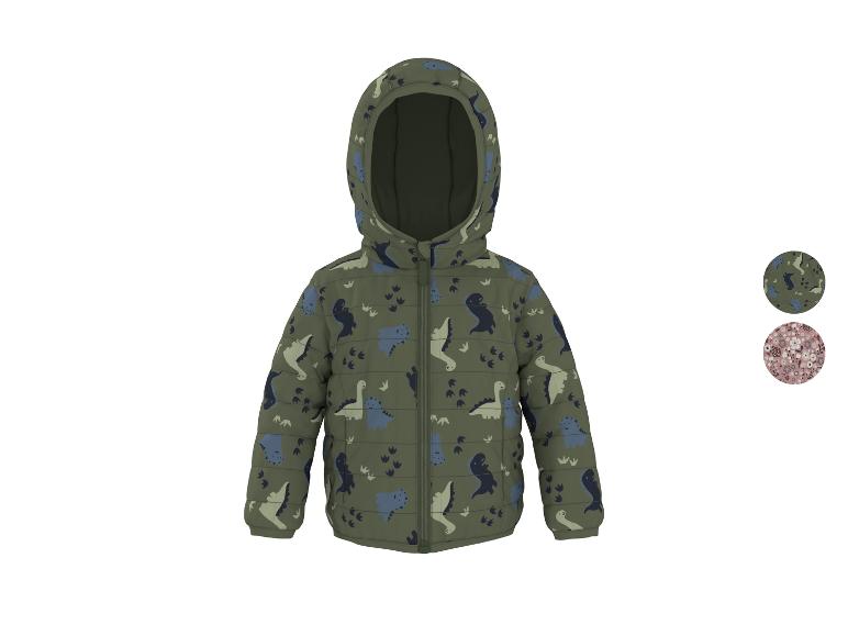 Veste d'enfant à capuche vert olive avec imprimé dinosaure bleu et vert clair.