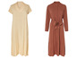 Deux robes maxi, une beige à manches courtes et une marron à manches longues avec ceinture.