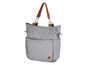 Un sac à main gris avec des poignées en cuir marron.