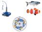 Un jouet automatique pour chat avec un poisson, un disque rotatif et une baguette avec une plume.