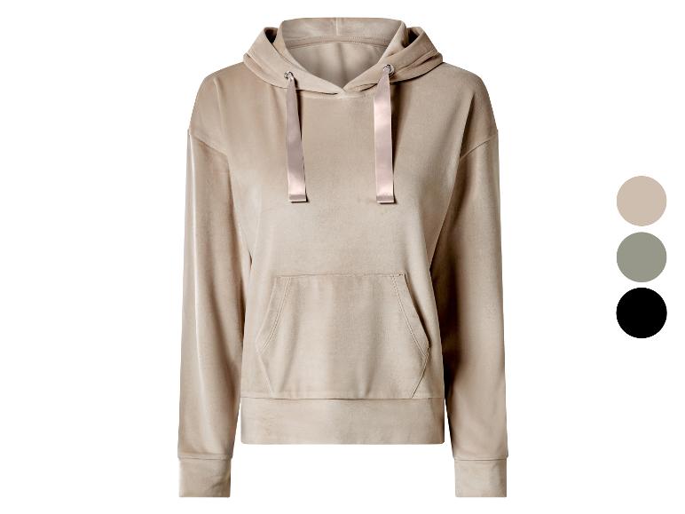 Sweat à capuche en velours beige avec cordon de serrage en satin et poche avant, avec options de couleur.