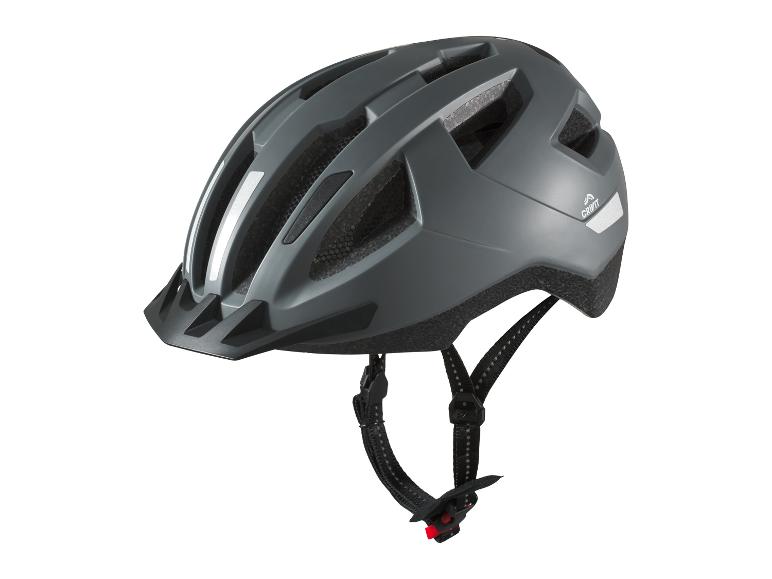 Un casque de vélo gris de Crivit avec des bandes réfléchissantes.