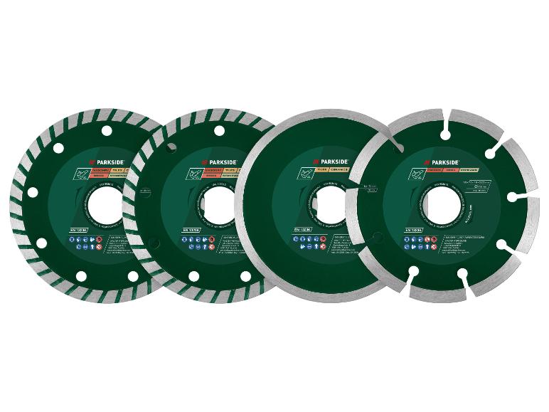Quatre disques de coupe circulaires verts pour maçonnerie, carrelage et céramique.