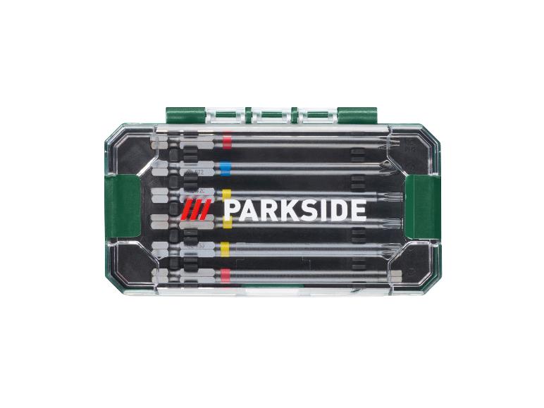 Jeu d'embouts PARKSIDE® dans une boîte de rangement transparente avec embouts à code couleur.