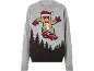 Pull de Noël gris avec un bonhomme en pain d'épices sur un skateboard