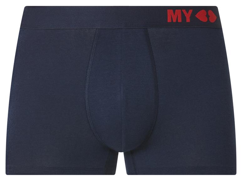 Caleçon bleu marine avec texte rouge 'MY' et deux cœurs sur la ceinture.