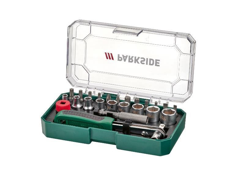 PARKSIDE kit d'outils avec cliquet, douilles et embouts dans une boîte verte et transparente.