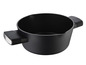 Une casserole noire avec deux poignées.