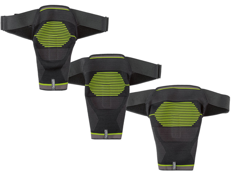 Trois genouillères noires avec des accents verts de la marque Medi.