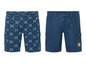 Deux paires de shorts en jean bleu, l'une avec un logo Lidl répété et l'autre avec un badge Lidl.
