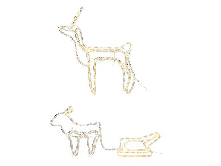 Décorations lumineuses de Noël: renne debout et renne avec traîneau.