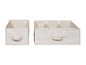 Deux boîtes de rangement beiges avec un motif de feuilles blanches.