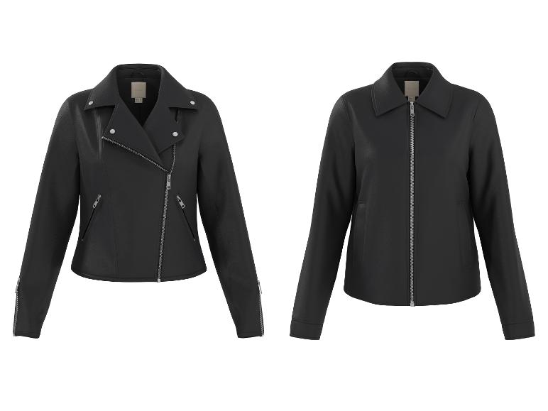 Deux vestes en similicuir noir, une style motard et une classique, sur fond blanc.
