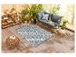 Tapis d'extérieur, salon de jardin et plantes vertes pour une ambiance zen.