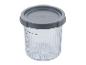 Récipient transparent avec couvercle gris, gradué jusqu'à 400 ml, avec marques de verrouillage/déverrouillage.