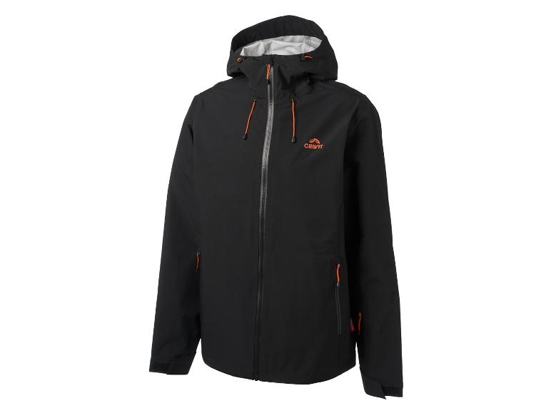 Veste de pluie noire à capuche avec des détails orange.
