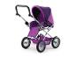 Poussette de poupée violette avec cadre argenté et roues noires.