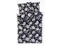 Une couette bleu foncé avec un motif floral.