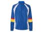 Veste de survêtement bleue à empiècements blancs et bandes colorées.