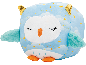 Peluche hibou bleu clair avec des oreilles dorées et un motif d'étoiles.