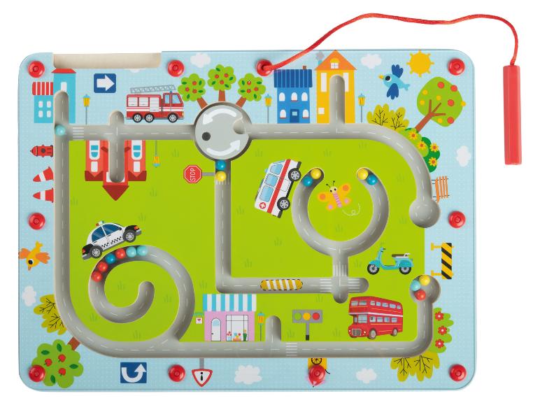 Jouet labyrinthe en bois sur le thème de la ville, avec véhicules et perles colorées.