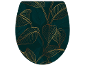 Abattant de toilettes avec motif de feuilles dorées sur fond vert foncé.