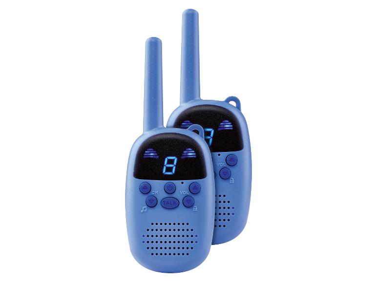 Deux talkie-walkies bleus pour enfants avec écrans numériques et boutons.