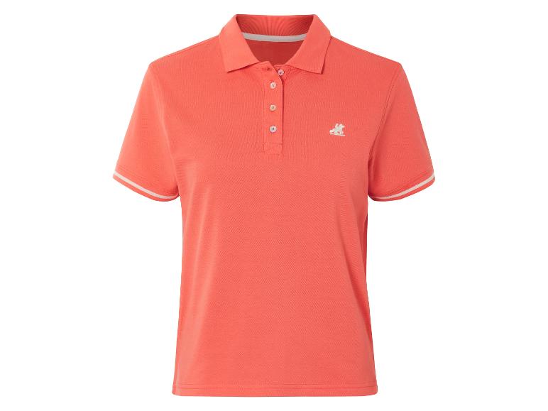 Polo femme corail, col blanc, logo brodé.