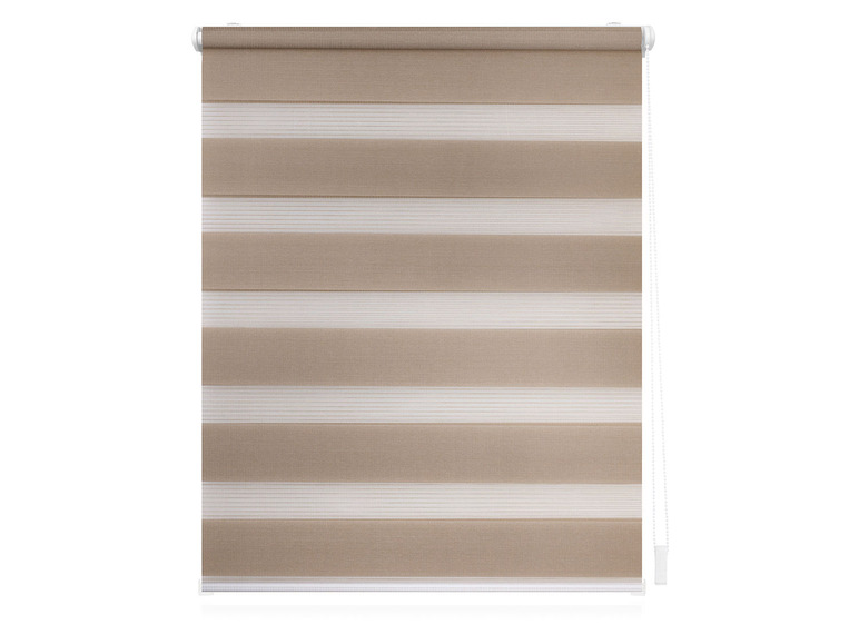 Store enrouleur beige à rayures avec cordon de tirage.