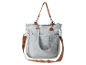 Sac à main gris en toile avec des lanières brunes.
