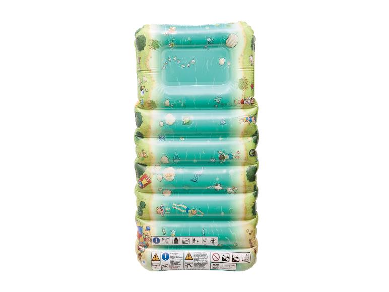 Matelas gonflable de piscine avec motif lac et avertissements de sécurité.