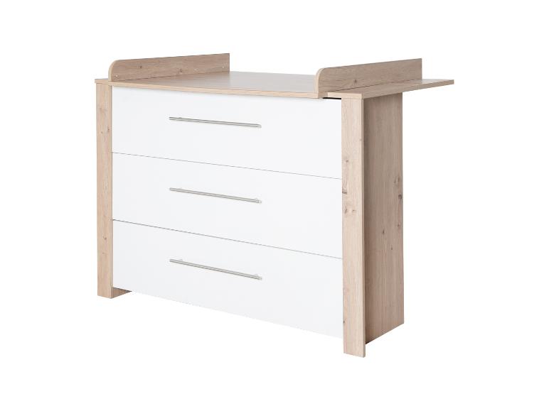 Commode à langer avec trois tiroirs en blanc et bois clair