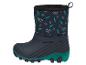 Bottes de neige pour enfants avec tige bleu foncé, sapins verts, flocons de neige et texte « WINTER HOLIDAY ».