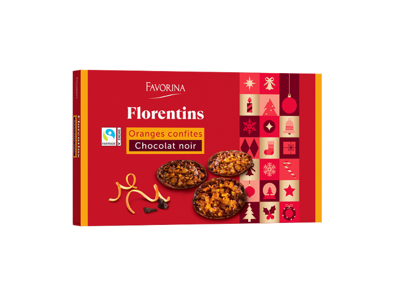 Florentins aux oranges confites et chocolat noir, dans une boîte rouge festive.