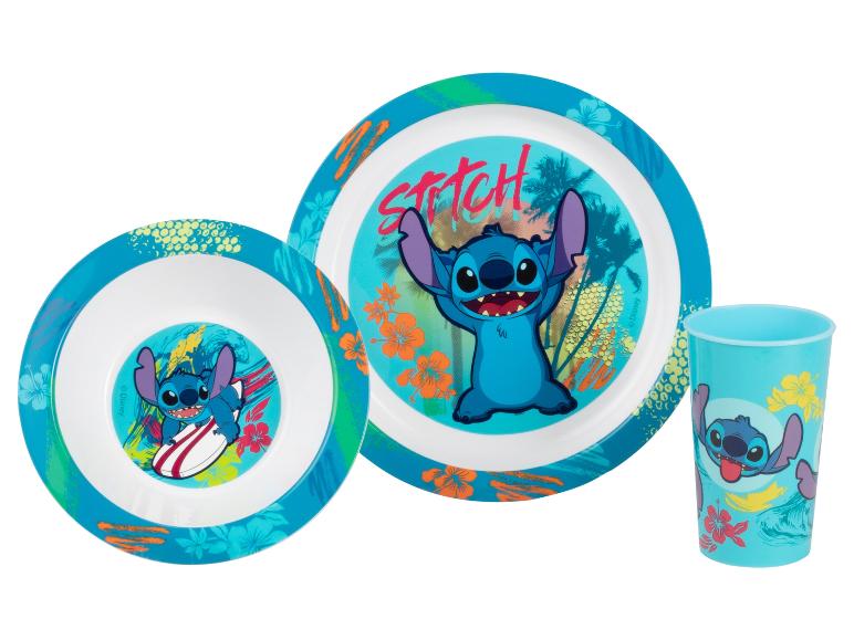 Service de table Stitch : assiette, bol et gobelet, motifs tropicaux.