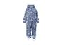 Combinaison de pluie bleue pour enfant avec un motif de véhicules de construction.