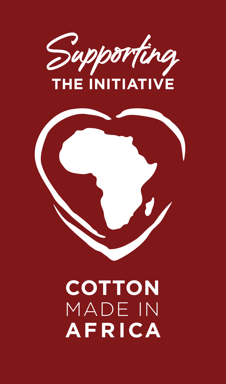 Logo en forme de cœur avec la carte de l'Afrique, texte : « Supporting the Initiative, Cotton Made in Africa ».