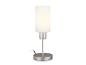 Lampe de table moderne avec abat-jour en verre blanc et base en métal.