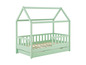 Un lit d'enfant vert clair avec un cadre en forme de maison et des tiroirs de rangement.