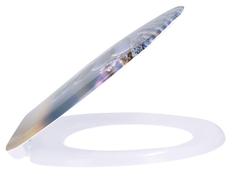 Abattant de toilettes avec un motif de pierres et de fleurs, légèrement relevé sur fond blanc.