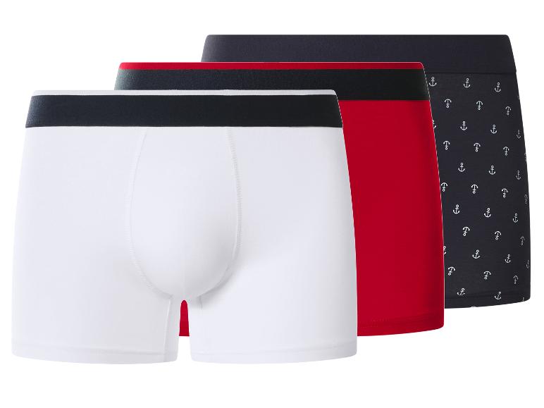 Trois boxers pour hommes : blanc, rouge et marine avec motif ancre.