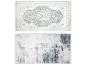 Deux tapis : un avec motif classique bleu clair et blanc, un avec motif abstrait gris et blanc.