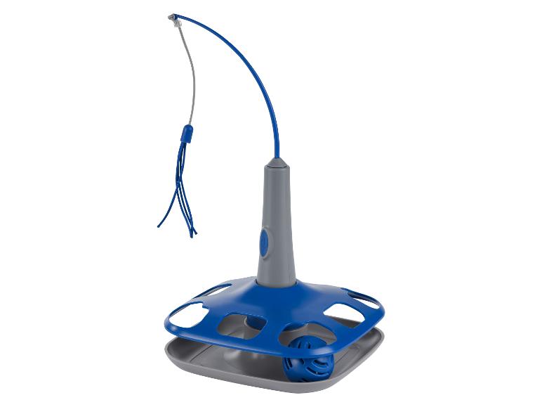 Un jouet interactif bleu pour chat avec une balle et un socle de rangement.