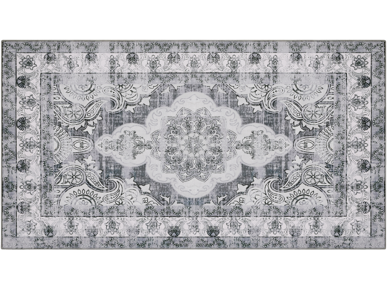 Tapis gris avec un motif classique, délavé et un médaillon central.